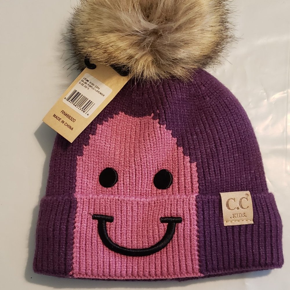 Purple Smiley Face Beanie w/ Pom